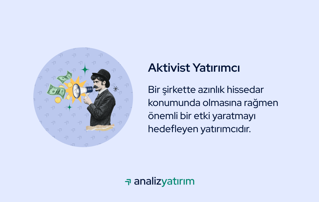 Aktivist yatırımcı kavramını temsil eden illüstrasyon, yatırımcının şirket üzerinde etki yaratmasını anlatır