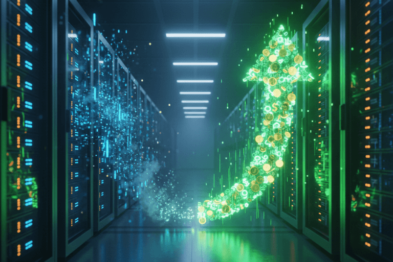 Nvidia ve Intel arasındaki veri merkezi gelir savaşını simgeleyen, sunucu rafları arasında yükselen yeşil grafik ve dijital veri akışı.